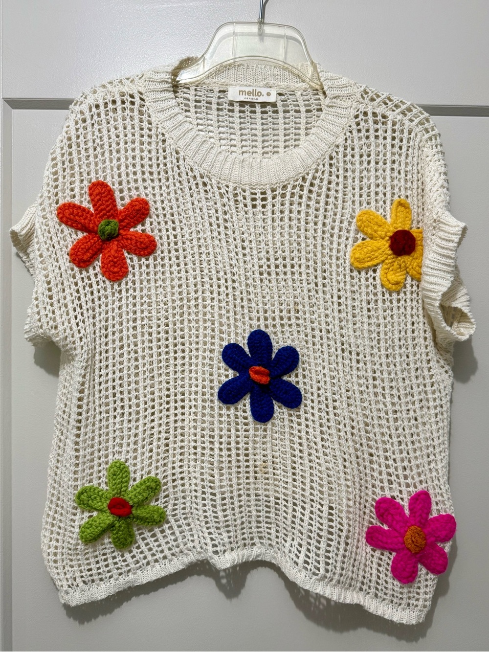 Mello Crochet Flower Mesh Sweater - White with Colorful Flowers
